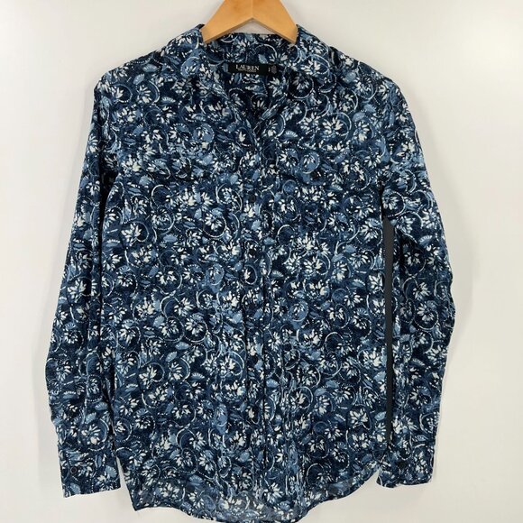Lauren Ralph Lauren L Blue White Floral Paisley Button Down Shirt 100% Cotton - Picture 1 of 9